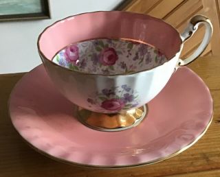 Pink Aynsley England Bone China Oban Chintz Roses & Gold Teacup Saucer Vintage