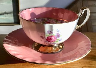 Pink Aynsley England Bone China Oban Chintz Roses & Gold Teacup Saucer Vintage 2