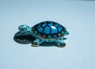 Herend Miniature 1.  5 " Turtle Figurine Green Fishnet W/blue And Black Shell