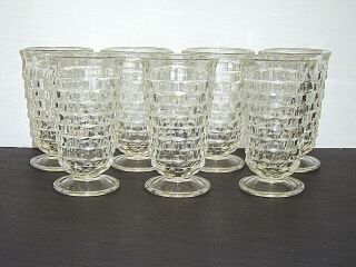 Set Of 7 Whitehall Colony Indiana Glass Cubist Cube Clear 6 " Footed Tumblers