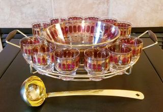 Culver Cranberry Scroll Punch Bowl Set,  Caddy,  Ladle And 12 Glasses 22k Mcm