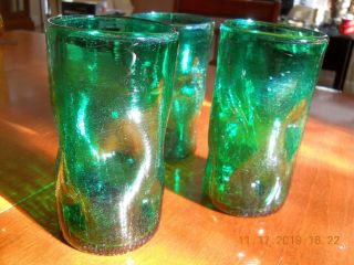 Set Of 3 Vintage Blenko Hand Blown Pinched Crackle Art Glass Green Tumblers