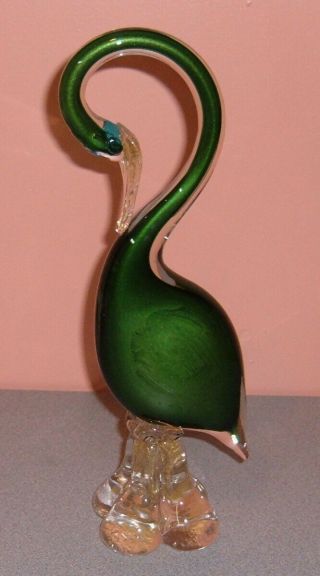 Murano Art Glass Swan Bird Green With Gold Flecked Base 11 1/2 " Tall