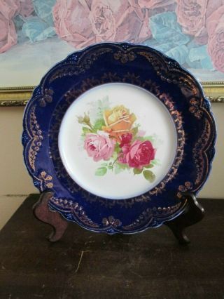 Antique Wood & Sons Trent Royal Semi Porcelain England Cobalt Blue Plate Roses