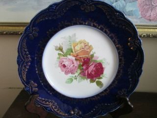 Antique Wood & Sons Trent Royal Semi Porcelain England Cobalt Blue Plate Roses 2