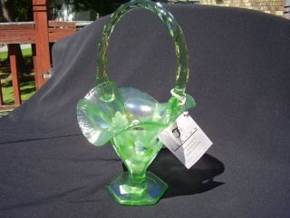Fenton Art Glass Ice Green Stretch Iridescent Hand Painted Basket