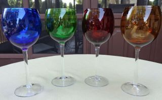 Set Of 4 Colored Balloon Wine Goblets Clear Stem - Red,  Blue,  Green,  Amber Gold