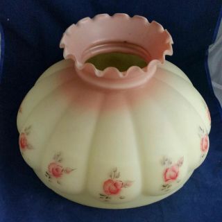 Fenton Hand Painted Milk Glass Hurricane Lamp Shade - Pink And Yellow With Roses