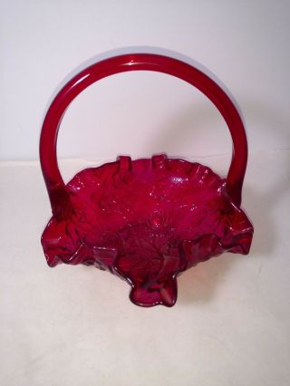 Vintage Fenton Art Glass Ruby Red Rose Ruffled Rim Basket,  Bowl,  Small 6 "