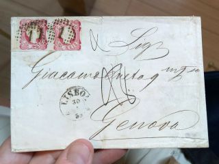 Rare 1859 Lisbon Portugal To Genoa Italy Folded Letter Postal Cover