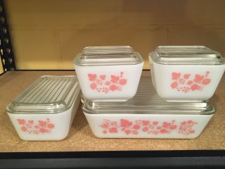 Set Of 4 Vintage Pyrex Pink Gooseberry Refrigerator Dishes 501 502 503 With Lids