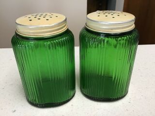 Large 5 " Vintage Green Depression Glass Salt And Pepper Shakers W/ Aluminum Lids