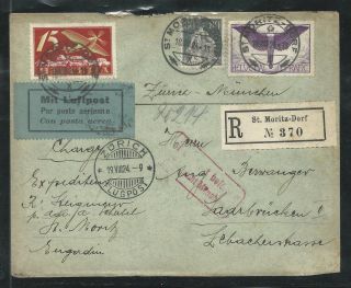 1924 St Moritz Switzerland To Saar Registered Air Mail Cover