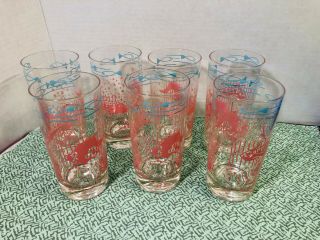 Vintage Set Of 6,  1 Mid Century Modern Teal/pink " Under The Sea " Drinking Glasses