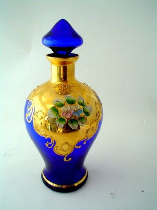 Vintage Gold And Blue Bohemian Art Glass Decanter With Stopper