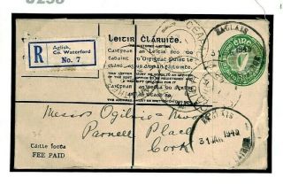 J258 Eire Ireland Registered Postal Stationery Aglish Co.  Waterford 1945 Cover