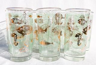 7pc Vintage Libbey Atomic Fish Green & Gold Marine Life Tumbler Drinking Glasses