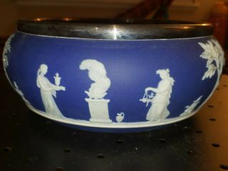 Wedgwood Cobalt Blue Jasperware Large Bowl With Silver Plate Rim 9 ½”