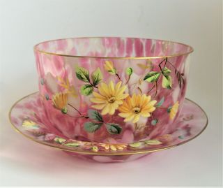 Antique Signed Harrach Bohemian Cranberry Enamel Victorian Art Glass Bowl Plate