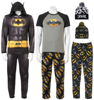 Batman Fleece Pants & T - Shirt Pjs Union Suit Hat - Men 