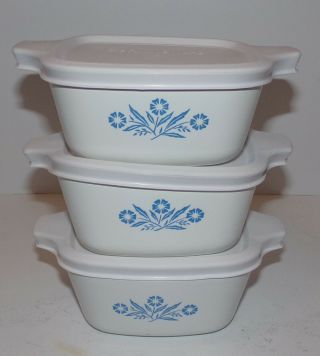Vintage Set Of 3 Corning Ware Blue Cornflower 2 3/4 Cup Casserole With Lids
