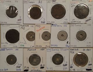 Tunisia 13 Different Coins 1891 - 1938 Low - Better Grades As Pictured