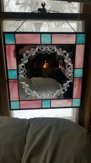 Rose Round Border Hand Crafted Stained Glass Mirror 16 " X16 " Wall Window Hanging