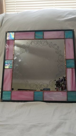 Rose round border Hand Crafted Stained Glass Mirror 16 