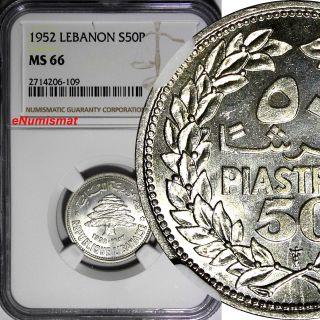 Lebanon Silver 1952 50 Piastres Ngc Ms66 Gem Bu Cedar Tree Km 17