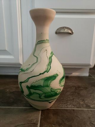 Large Nemadji Pottery Native Art Swirled Green Colored Vase - 13 " Tall