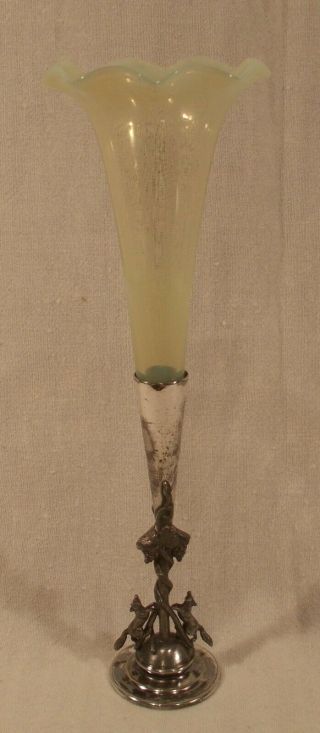 Victorian Trumpet Vaseline Opalescent Glass Horn Vase & Base By Meriden
