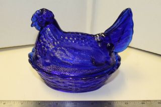 Cobalt Blue Hen On Nest Chicken On Eggs In Basket Retro Depression Style
