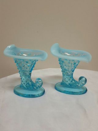 2 Vintage Blue Opalescent Hobnail Art Glass Horn Vase Cornucopia Pair Set Fenton