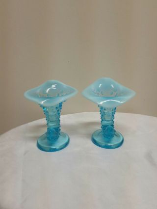 2 Vintage Blue Opalescent Hobnail Art Glass Horn Vase Cornucopia Pair Set Fenton 2