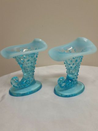 2 Vintage Blue Opalescent Hobnail Art Glass Horn Vase Cornucopia Pair Set Fenton 3