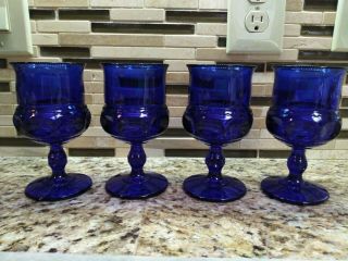 Kings Crown Tiara Thumbprint Cobalt Blue Glass Goblets 6 " Set Of 4