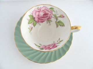 Aynsley Sage Green Swirl Teacup & Saucer Set Huge Pink Cabbage Rose England