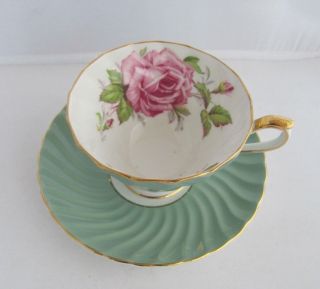 Aynsley Sage Green Swirl Teacup & Saucer Set Huge Pink Cabbage Rose England 2