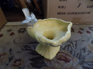 Vtg Signed Mccoy Pottery Wide Stem Planter Yellow Bowl Dish With 3d Bird Usa