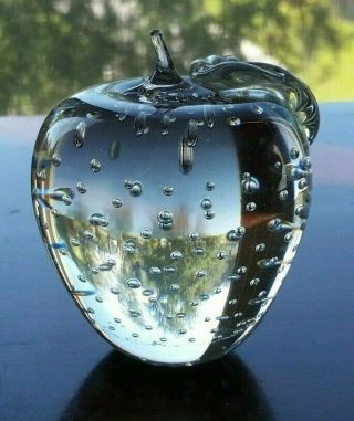 Maxwell Signed Clear Controlled Bubble Apple Paperweight Crystal Art Glass 2.  5 "
