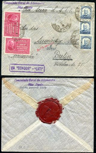Brazil Italy Germany 1940 Air Mail Via Italian L.  A.  T.  I.  South Atlantic Service