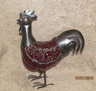 Vintage Hand - Crafted Garnet Red Glass And Gunmetal Rooster Sculpture