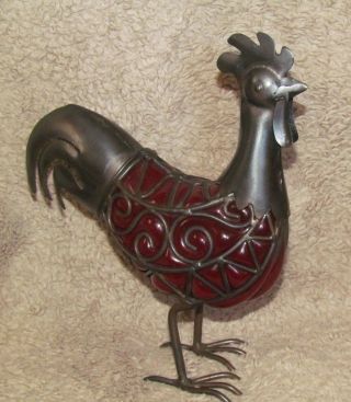 Vintage Hand - Crafted Garnet Red Glass and Gunmetal Rooster Sculpture 3