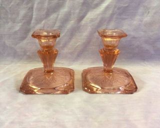 Set Of 2 Vintage Pink Depression Glass 4 " Candle Holders - Rare