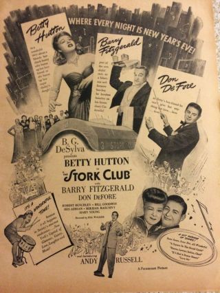 The Stork Club,  Betty Hutton,  Don De Fore,  Full Page Vintage Promotional Ad