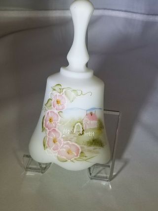 Fenton Hand Painted Musical Bell " Somewhere My Love " Church With Morning Glories