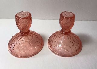 (2) Vintage Pink Depression Imperial Glass Candlesticks - 675 Color Rose Marie