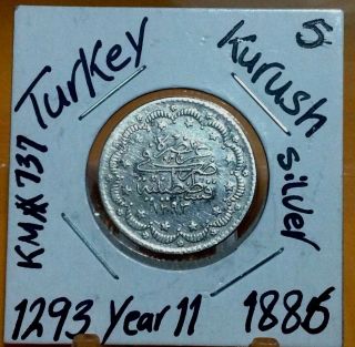 Turkey/ Ottoman Empire 5 Kurush 1293 Year11 (1886) Abdulhamid Ii,  Silver Coin.