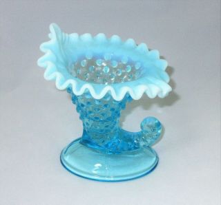 Vintage Fenton Blue Opalescent Hobnail Cornucopia Candle Holder Vase 5 - 3/4” H