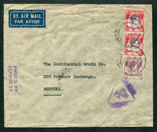 1940 Malaya S.  S.  2 X 25c,  10c Stamps On Censor Cover Singapore To York